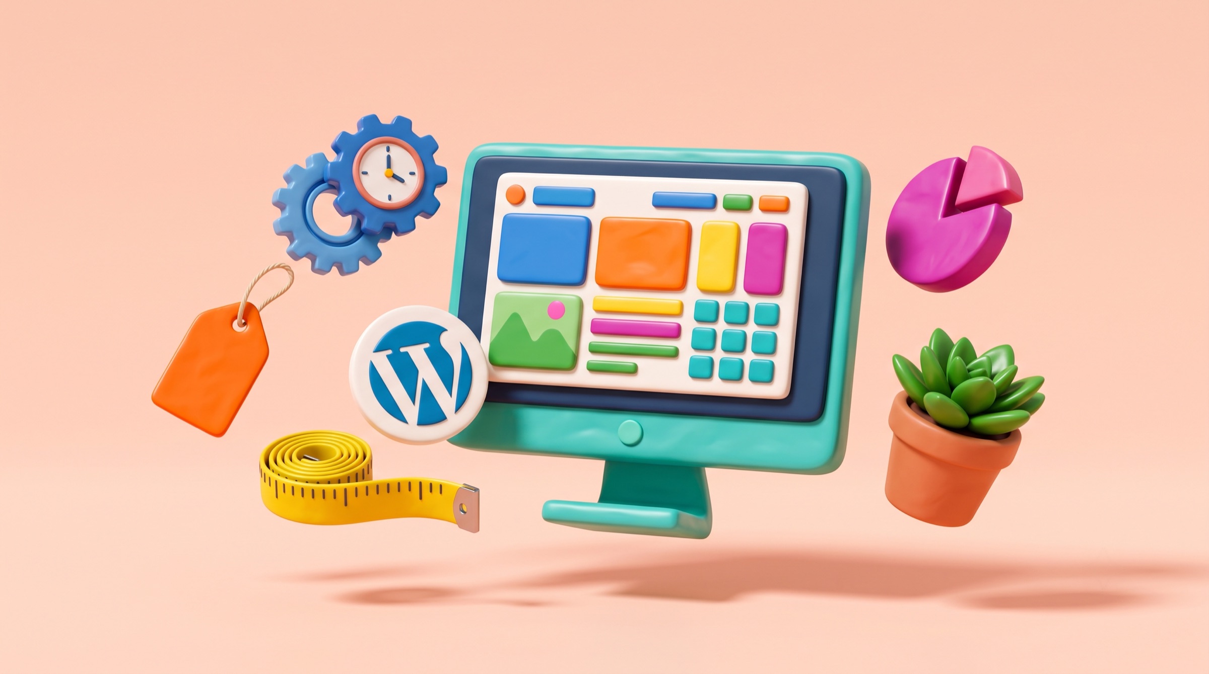 Un moniteur 3D qui construit un site WordPress, entouré d'une étiquette de prix, d'un mètre ruban et d'engrenages