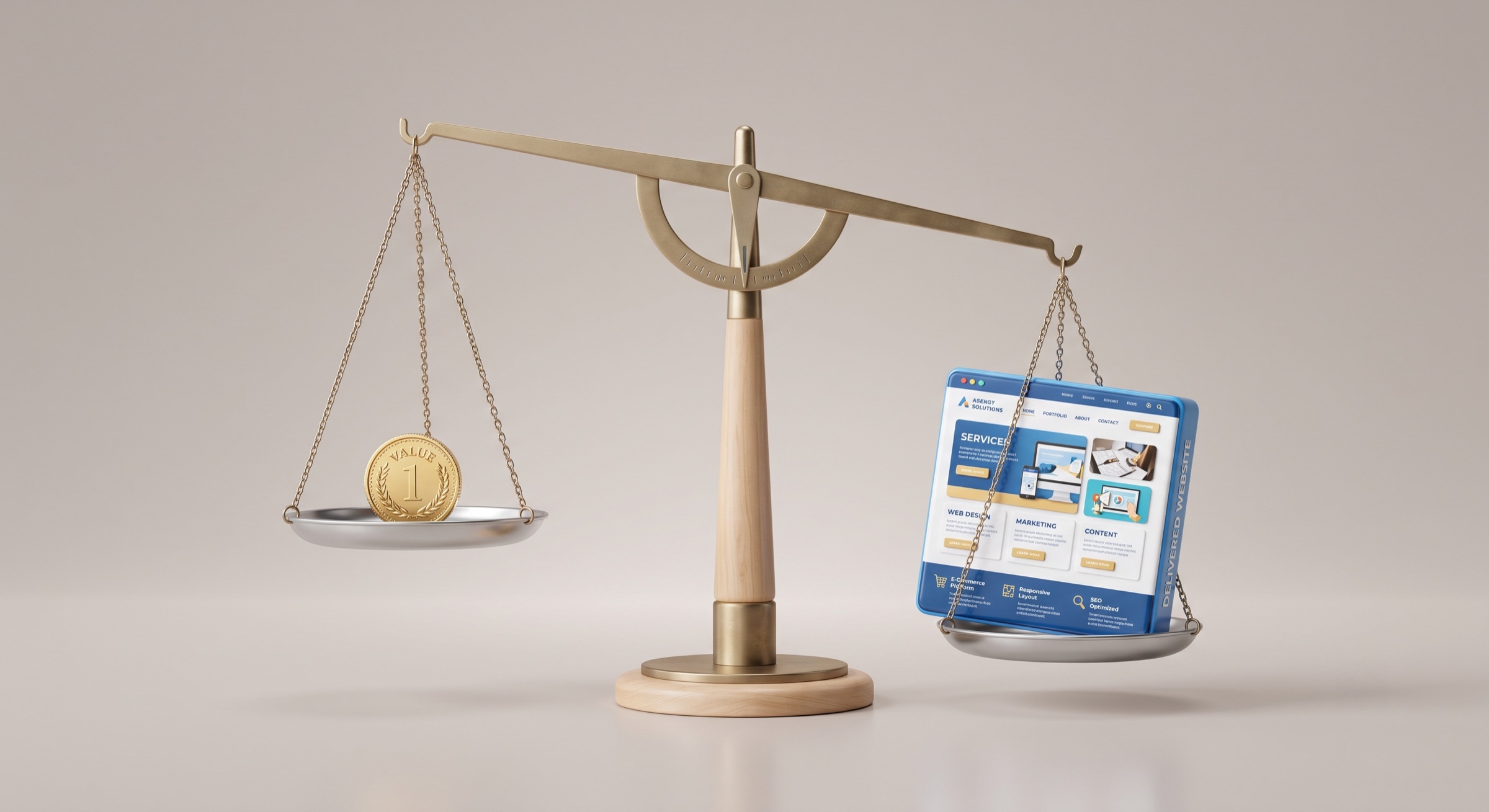 Une balance : une petite pièce d'un côté, un site web livré beaucoup plus lourd de l'autre
