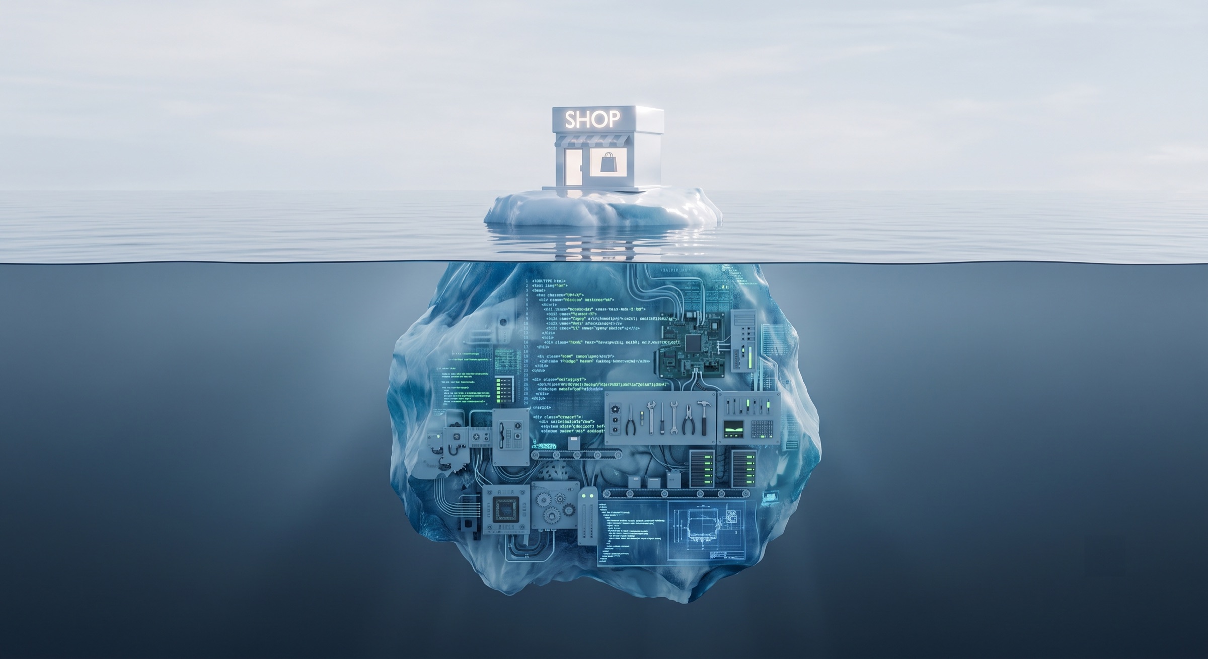 Un iceberg : une petite boutique polie émerge, une vaste structure de code et d'outils reste immergée