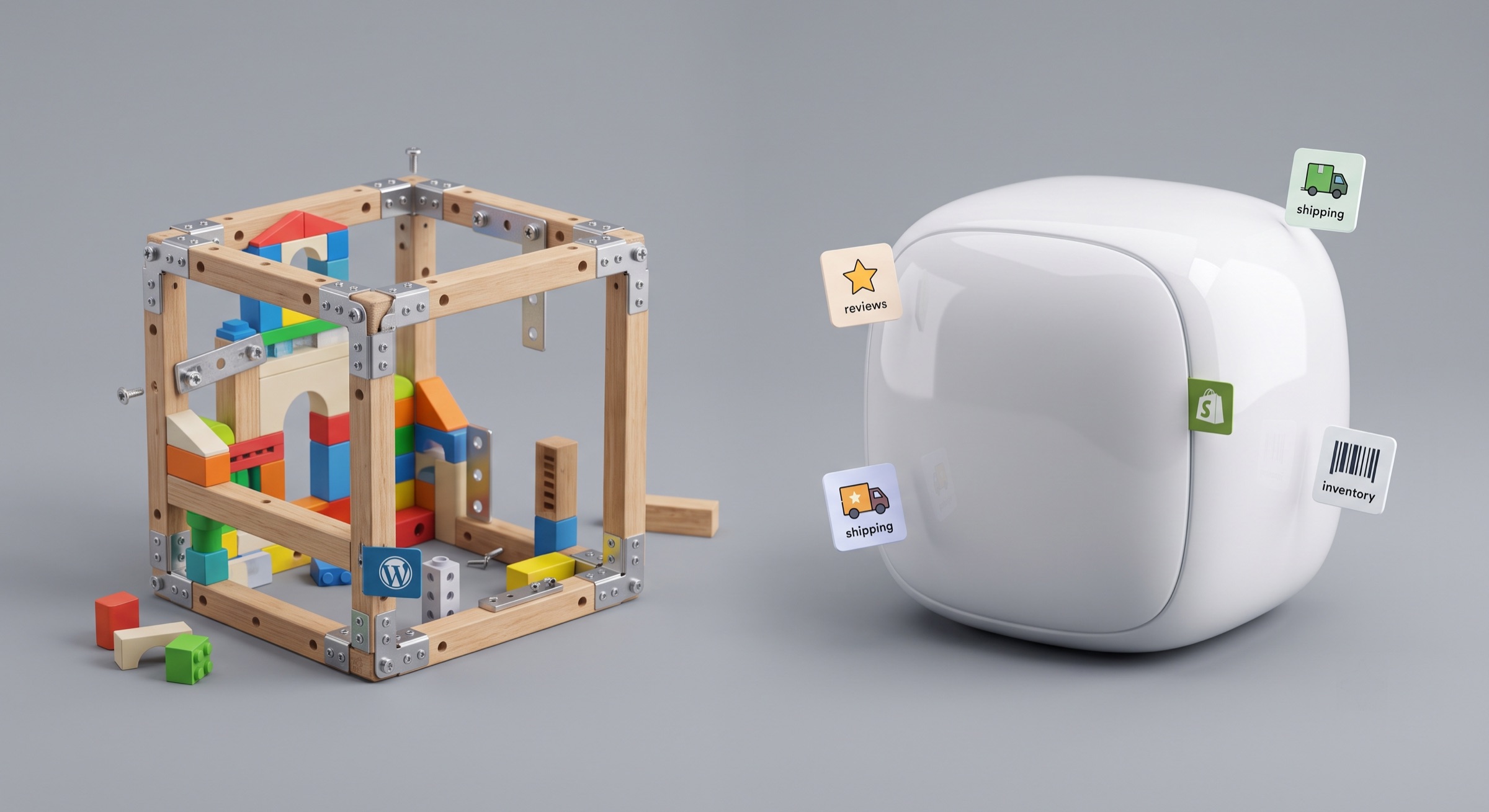 À gauche un cadre de construction ouvert plein de blocs avec le logo WordPress, à droite une capsule scellée et lisse avec le logo Shopify
