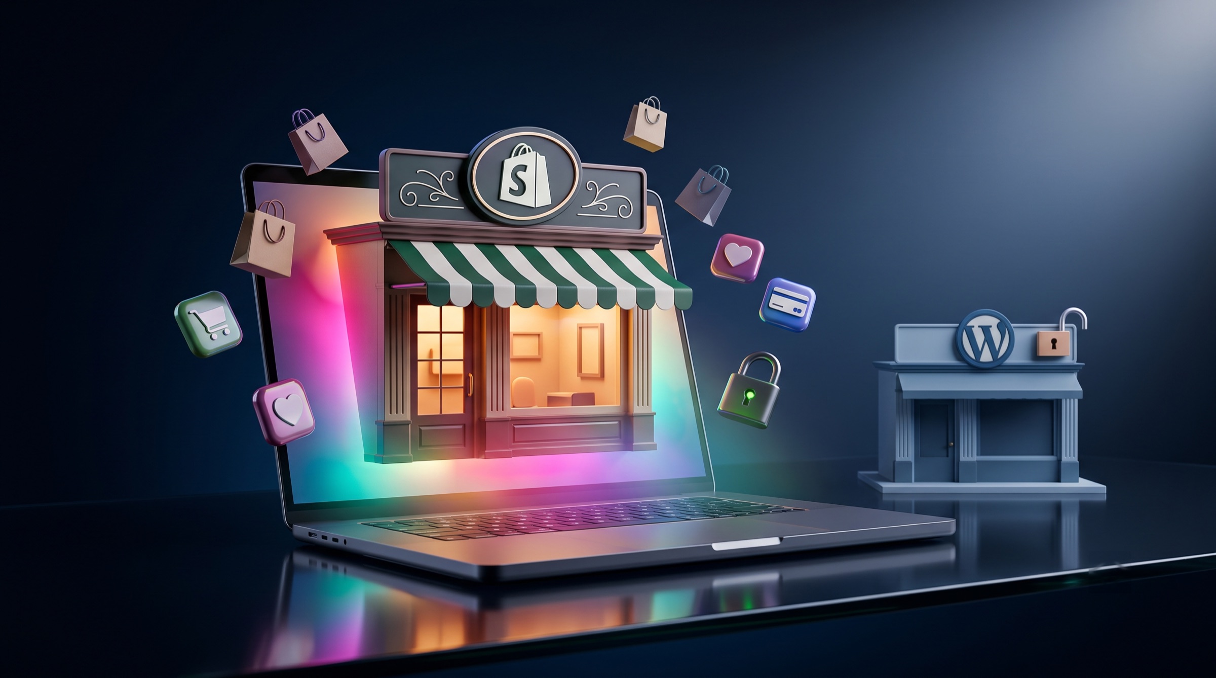 Une vitrine Shopify lumineuse émerge de l'écran d'un laptop, cadenas fermé ; à côté, une boutique WordPress, cadenas ouvert