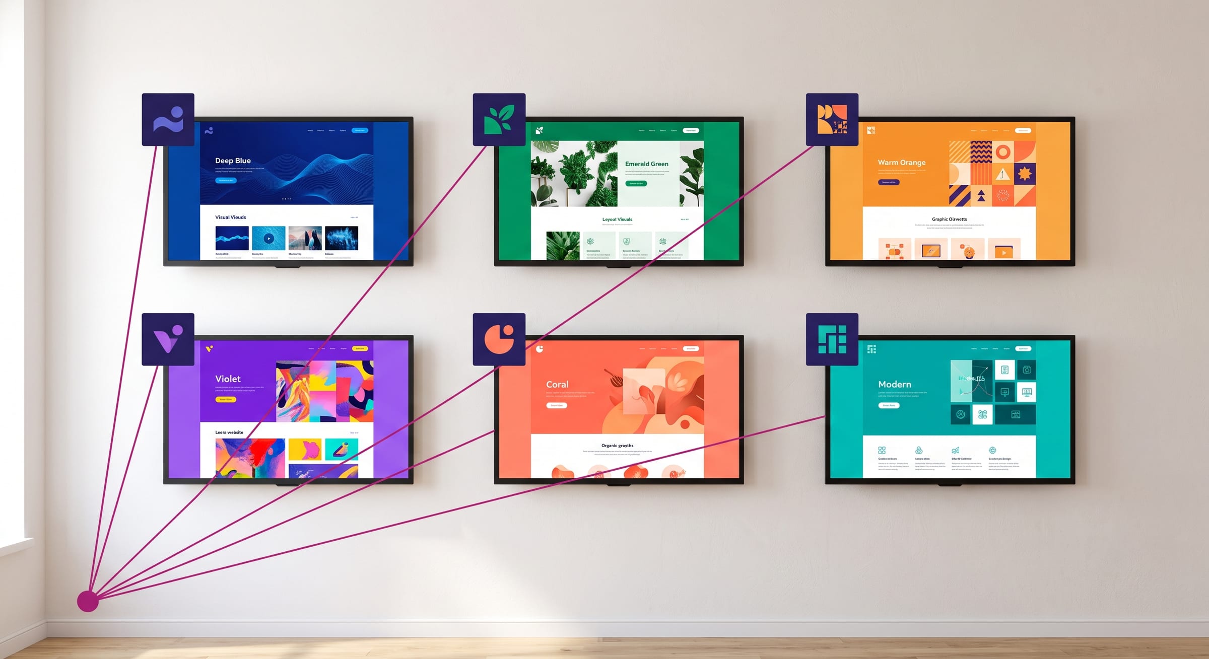 Six wall-mounted screens showing six different brand sites, each carrying an agency badge, all traced by a single thread back to one point off frame.