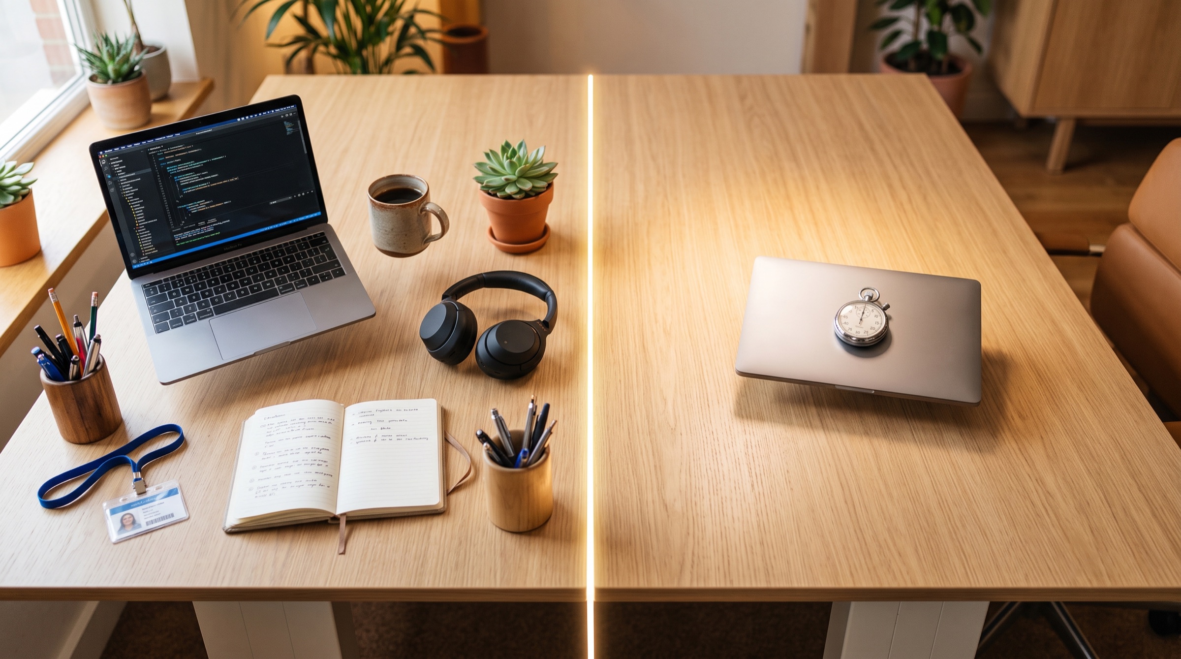 Vue de dessus d'un bureau partagé : un poste complet d'un côté, un poste réduit à un laptop et un chronomètre de l'autre
