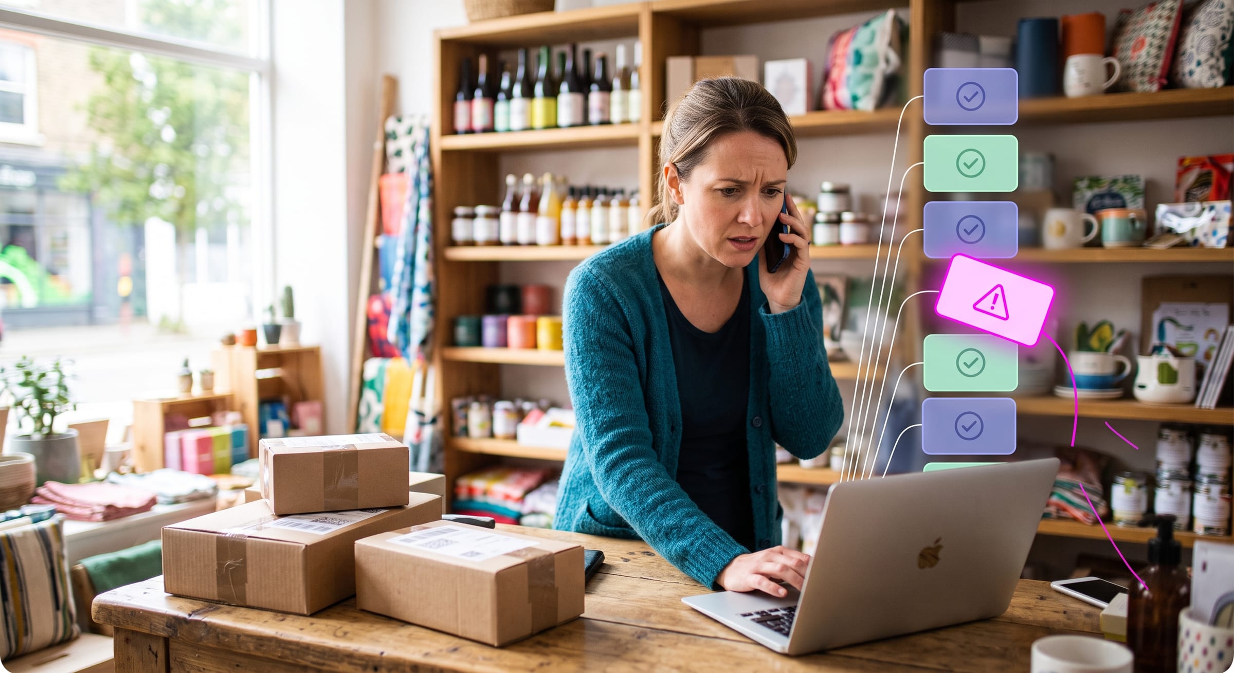 A shop owner on the phone behind her counter, looking at a laptop, with a stack of plugin tiles floating beside her and one of them flagged with a warning.