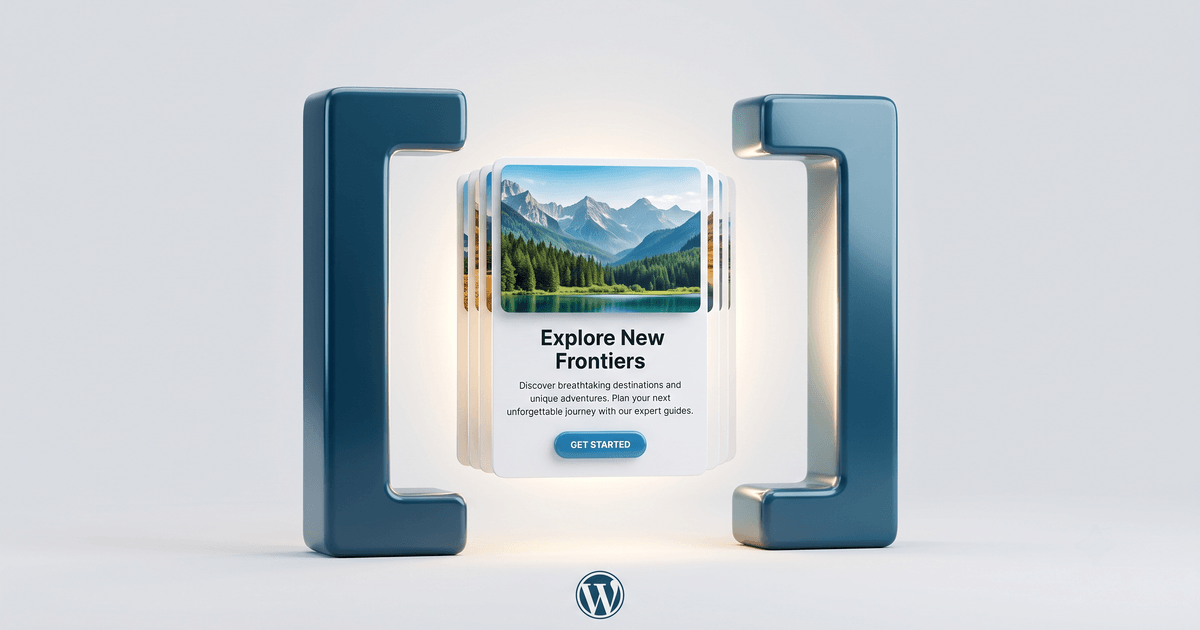 Large 3D square brackets with a website component blooming between them and the WordPress logo, illustrating a shortcode in a template