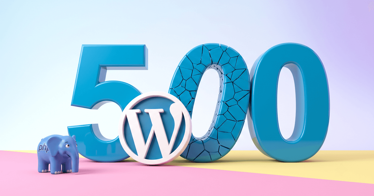 Chiffres 3D 500 avec le logo WordPress et des éléphants PHP, illustrant l'erreur 500 de WordPress