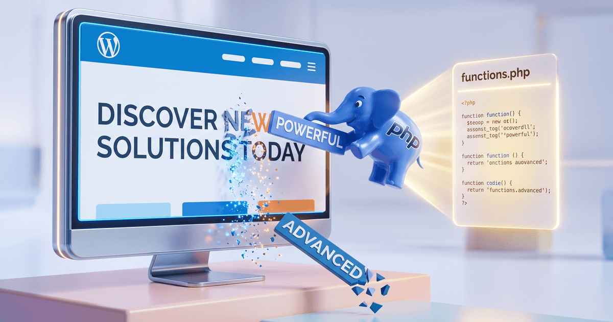 A PHP elephant beside a functions.php code card swapping one word of a WordPress page headline, illustrating how to change text dynamically