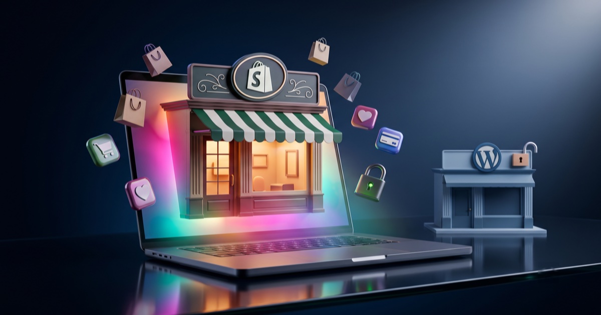 Une vitrine Shopify qui sort de l'écran d'un laptop, face à une boutique WordPress