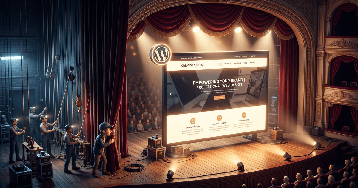 Une scène de théâtre présentant un site WordPress fini sous les projecteurs, avec une équipe qui travaille derrière le rideau, illustrant la sous-traitance en marque blanche