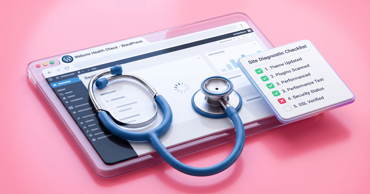 A browser window with a stethoscope resting on it beside a five-point checklist, illustrating a WordPress site audit